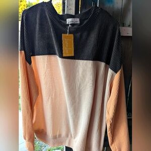Women's Colorblock Sweater - Black, Cream, and Tan By Lemon Love Size L